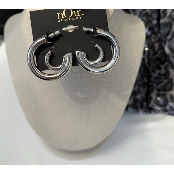 nOir Silver Chunky Earrings Double Hoop - Picture 2 of 4